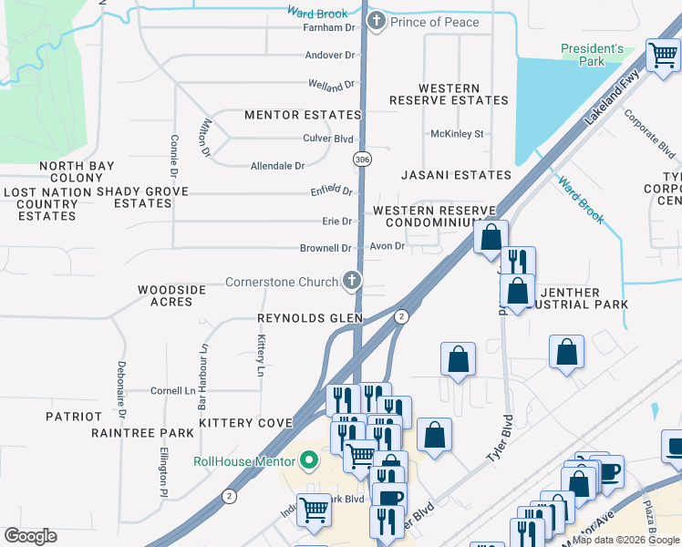 map of restaurants, bars, coffee shops, grocery stores, and more near 7510 Adkins Road in Mentor