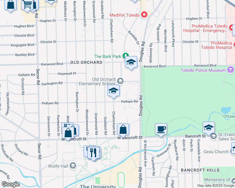 map of restaurants, bars, coffee shops, grocery stores, and more near 2402 Cheltenham Road in Toledo