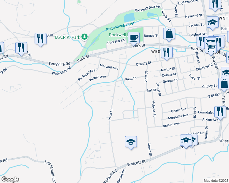 map of restaurants, bars, coffee shops, grocery stores, and more near 125 Peck Lane in Bristol