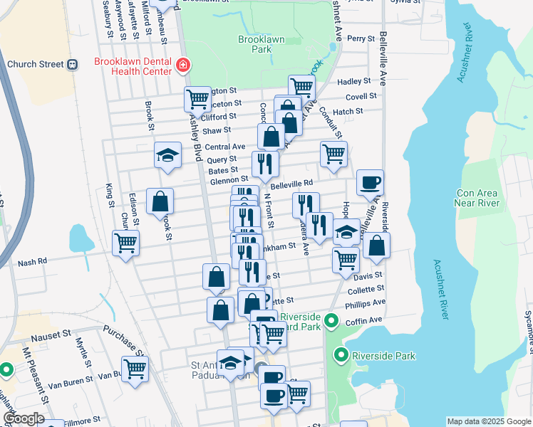 map of restaurants, bars, coffee shops, grocery stores, and more near 523 North Front Street in New Bedford