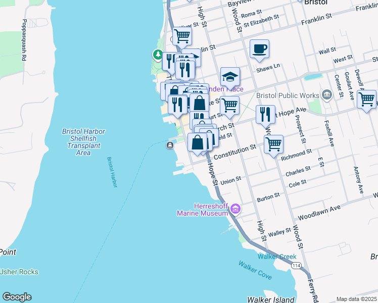 map of restaurants, bars, coffee shops, grocery stores, and more near 125 Thames Street in Bristol