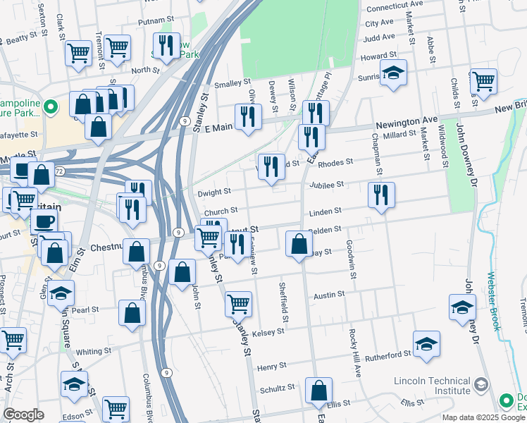 map of restaurants, bars, coffee shops, grocery stores, and more near 380 Chestnut Street in New Britain