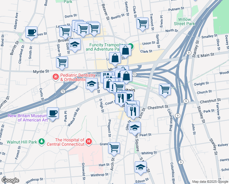 map of restaurants, bars, coffee shops, grocery stores, and more near 222 Main Street in New Britain