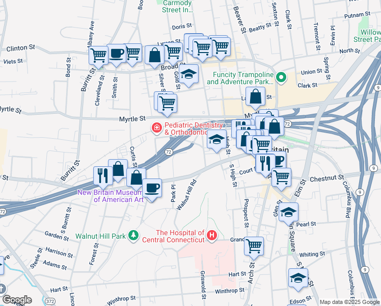 map of restaurants, bars, coffee shops, grocery stores, and more near 17 Russell Street in New Britain