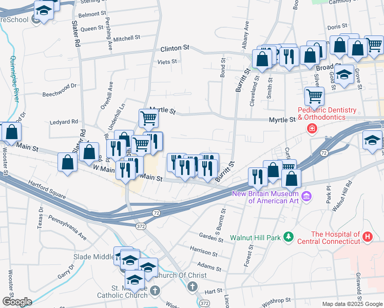 map of restaurants, bars, coffee shops, grocery stores, and more near 38 Newfield Avenue in New Britain