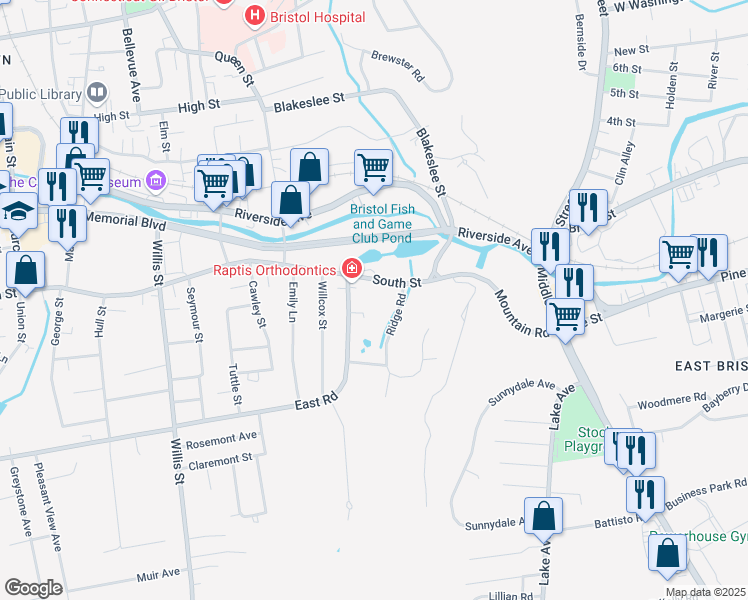 map of restaurants, bars, coffee shops, grocery stores, and more near 60 Ridge Road in Bristol