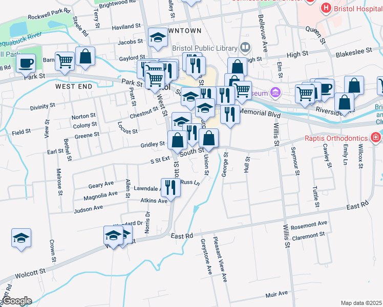 map of restaurants, bars, coffee shops, grocery stores, and more near 22 South Street in Bristol