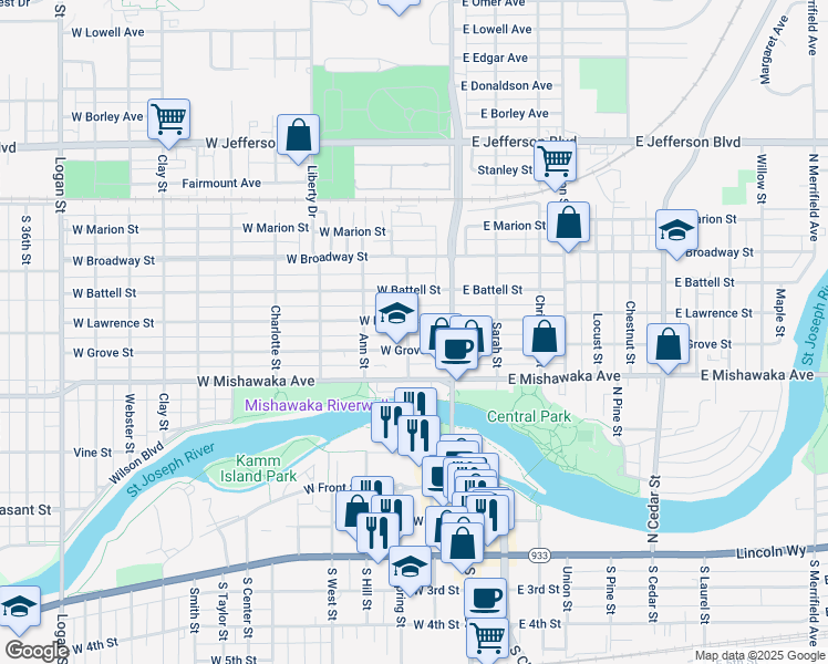 map of restaurants, bars, coffee shops, grocery stores, and more near 129 West Grove Street in Mishawaka