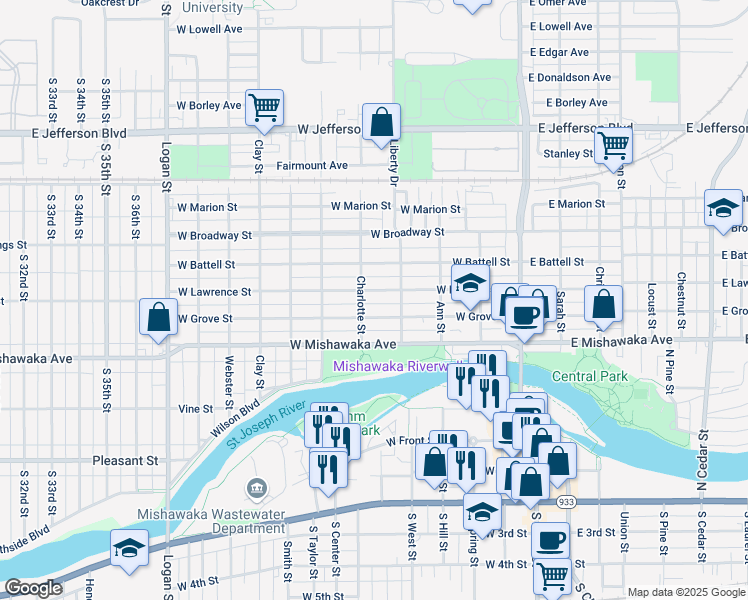 map of restaurants, bars, coffee shops, grocery stores, and more near 411 West Grove Street in Mishawaka