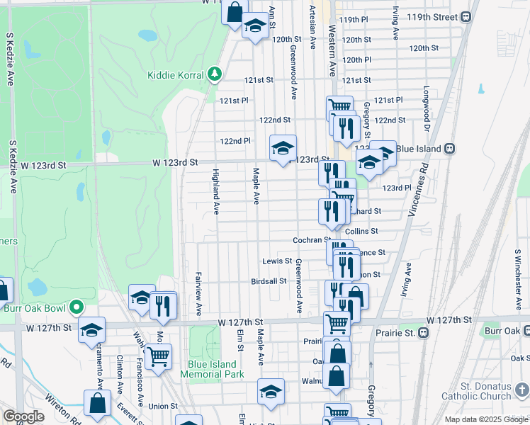 map of restaurants, bars, coffee shops, grocery stores, and more near 12438 Maple Avenue in Blue Island