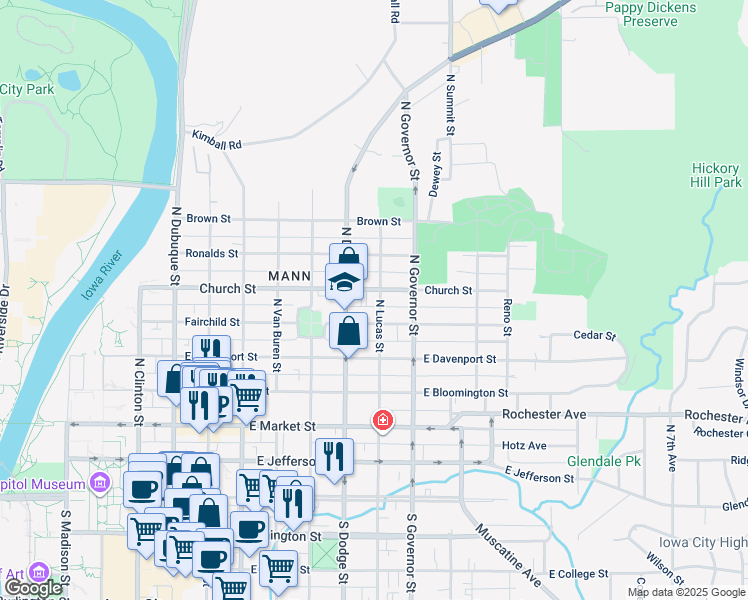 map of restaurants, bars, coffee shops, grocery stores, and more near 804 Fairchild Street in Iowa City
