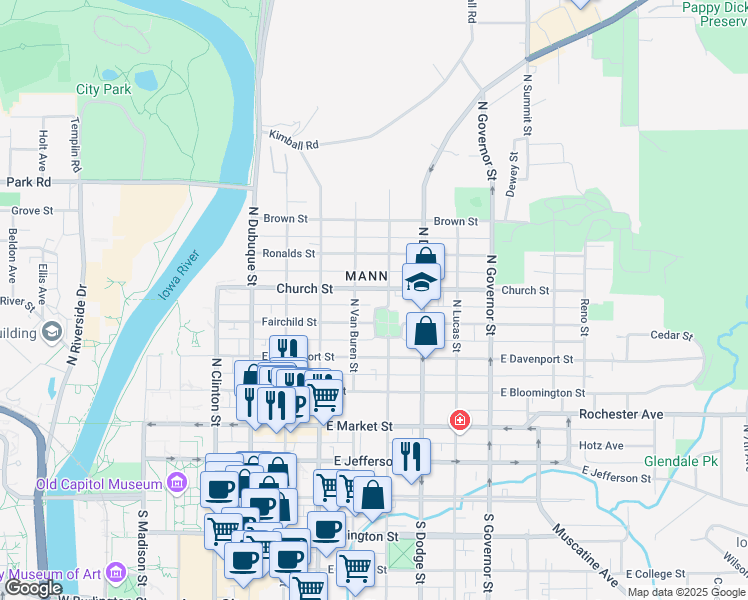 map of restaurants, bars, coffee shops, grocery stores, and more near 502 Fairchild Street in Iowa City