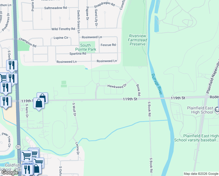 map of restaurants, bars, coffee shops, grocery stores, and more near 23606 West 119th Street in Plainfield