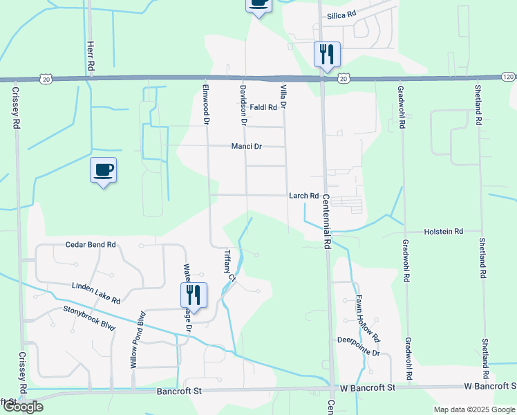 map of restaurants, bars, coffee shops, grocery stores, and more near 2630 Davidson Drive in Sylvania