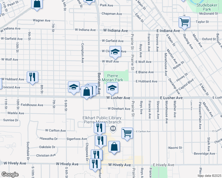 map of restaurants, bars, coffee shops, grocery stores, and more near 200 Lusher Avenue in Elkhart