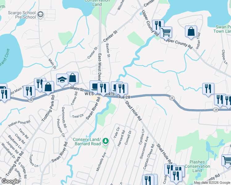 map of restaurants, bars, coffee shops, grocery stores, and more near 16 Main Street in Dennis