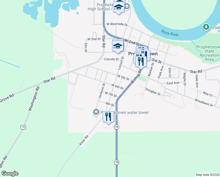 map of restaurants, bars, coffee shops, grocery stores, and more near 702 Locust Street in Prophetstown