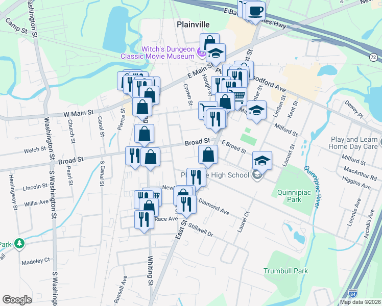 map of restaurants, bars, coffee shops, grocery stores, and more near 11 Tomlinson Avenue in Plainville