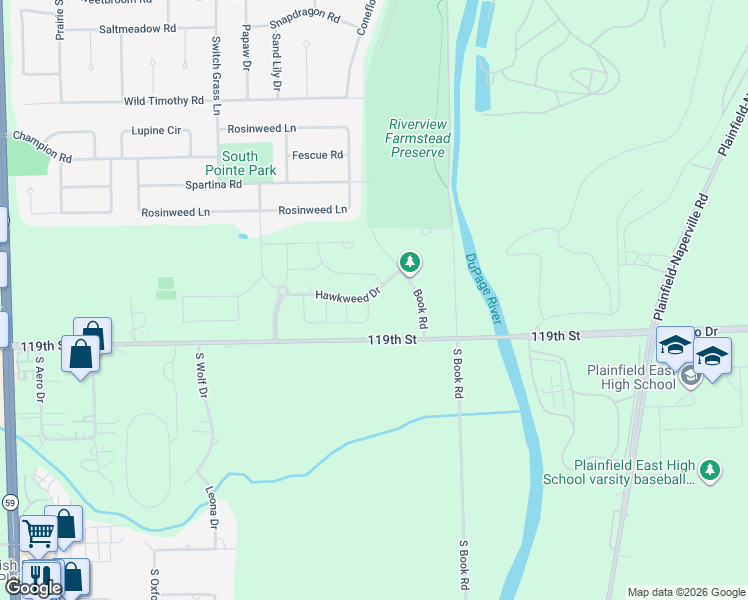 map of restaurants, bars, coffee shops, grocery stores, and more near 23606 West 119th Street in Plainfield