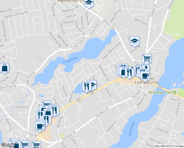 map of restaurants, bars, coffee shops, grocery stores, and more near 179 Wood Road in Yarmouth