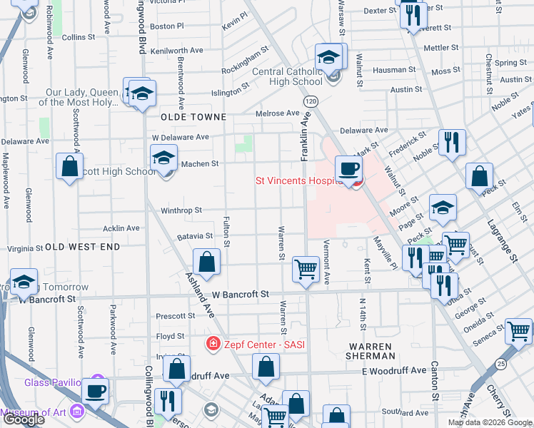 map of restaurants, bars, coffee shops, grocery stores, and more near 2306 Putnam Street in Toledo