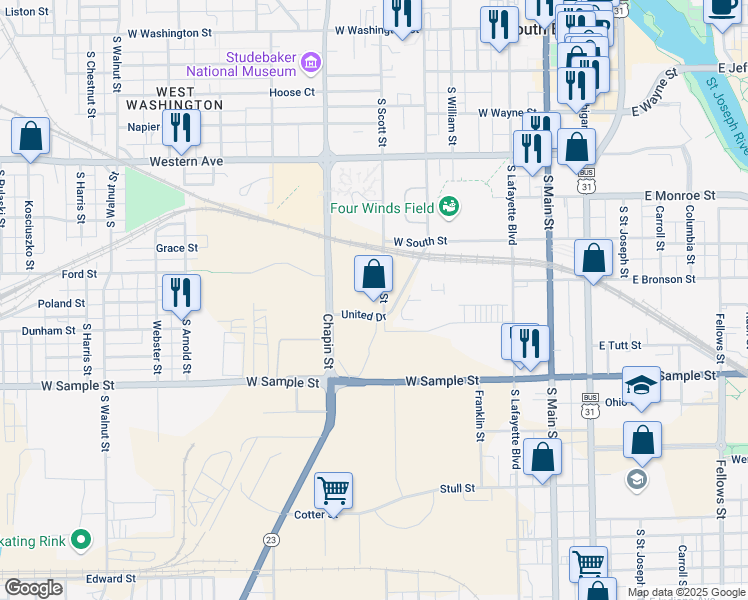 map of restaurants, bars, coffee shops, grocery stores, and more near 601-799 S Scott St in South Bend