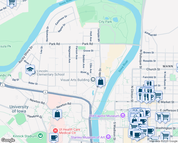 map of restaurants, bars, coffee shops, grocery stores, and more near 220 River Street in Iowa City