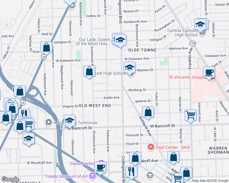 map of restaurants, bars, coffee shops, grocery stores, and more near 527 Acklin Avenue in Toledo