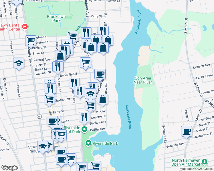 map of restaurants, bars, coffee shops, grocery stores, and more near 194 Riverside Avenue in New Bedford