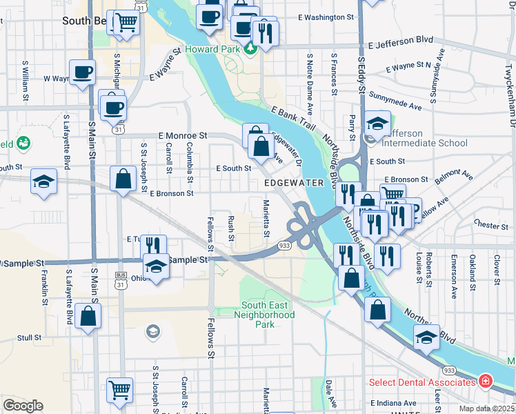 map of restaurants, bars, coffee shops, grocery stores, and more near 814 Marietta Street in South Bend