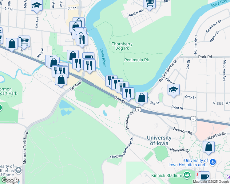 map of restaurants, bars, coffee shops, grocery stores, and more near Lower Finkbine Trail in Iowa City