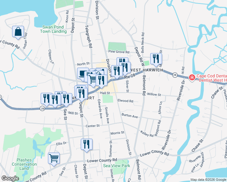 map of restaurants, bars, coffee shops, grocery stores, and more near 37 Hall Street in Dennis