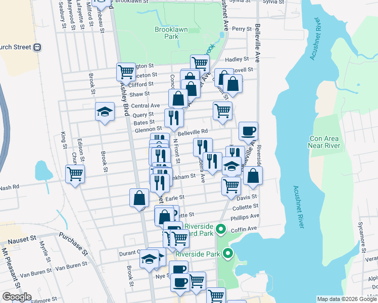 map of restaurants, bars, coffee shops, grocery stores, and more near 115 Nash Road in New Bedford