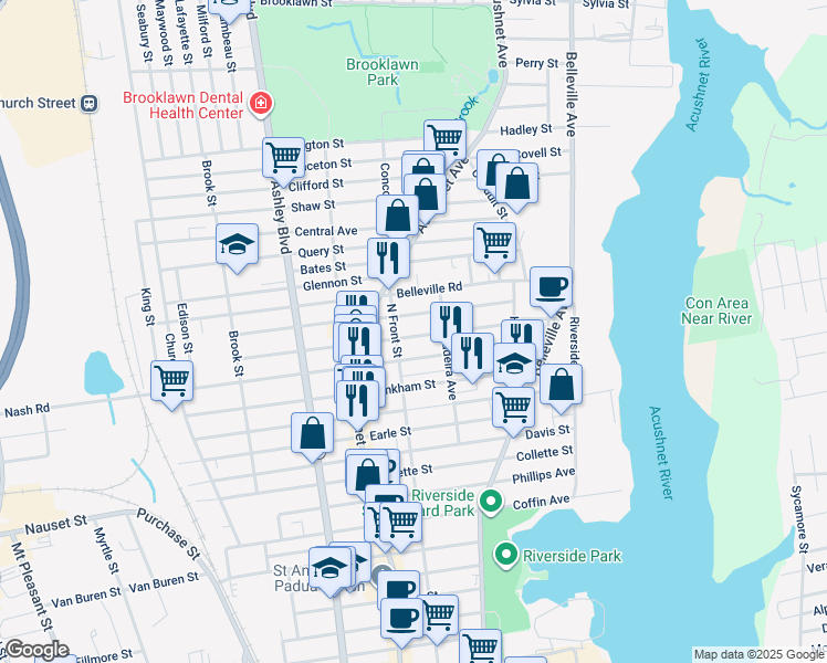 map of restaurants, bars, coffee shops, grocery stores, and more near 115 Nash Road in New Bedford