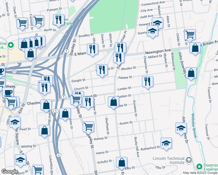 map of restaurants, bars, coffee shops, grocery stores, and more near 424 Chestnut Street in New Britain