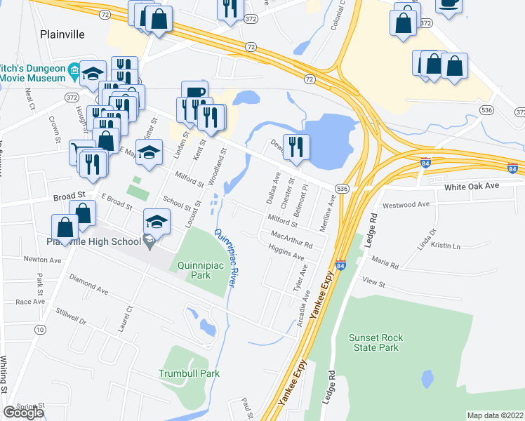 map of restaurants, bars, coffee shops, grocery stores, and more near 7 Macarthur Road in Plainville