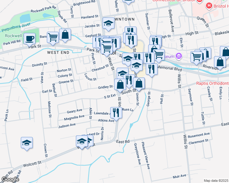 map of restaurants, bars, coffee shops, grocery stores, and more near 6 Wolcott Street in Bristol