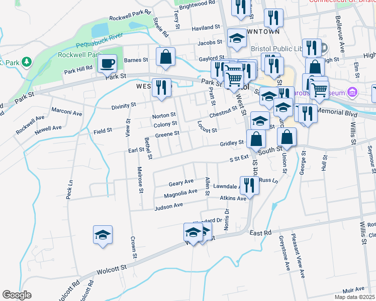 map of restaurants, bars, coffee shops, grocery stores, and more near 161 Gridley Street in Bristol