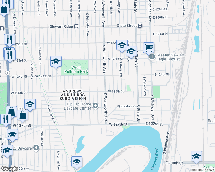 map of restaurants, bars, coffee shops, grocery stores, and more near 12501 South Wentworth Avenue in Chicago
