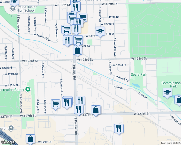 map of restaurants, bars, coffee shops, grocery stores, and more near 3846 West 124th Place in Alsip