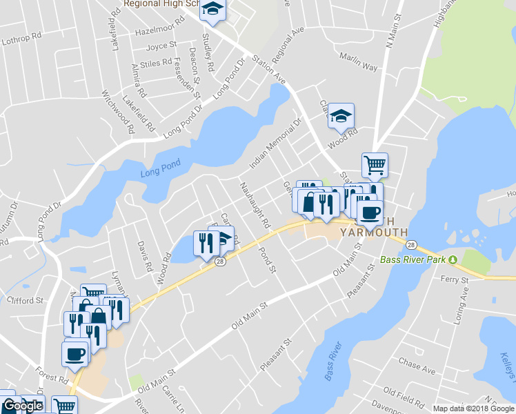 map of restaurants, bars, coffee shops, grocery stores, and more near 18 Powhattan Road in Yarmouth