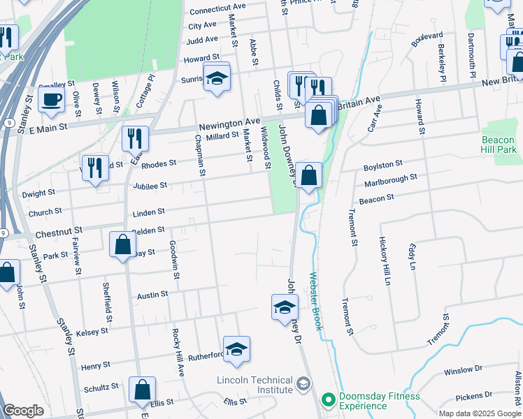 map of restaurants, bars, coffee shops, grocery stores, and more near 223 Belden Street in New Britain