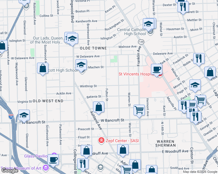 map of restaurants, bars, coffee shops, grocery stores, and more near 2310 Fulton Street in Toledo