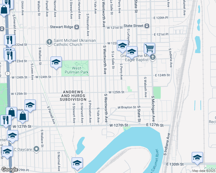 map of restaurants, bars, coffee shops, grocery stores, and more near 12501 South Wentworth Avenue in Chicago