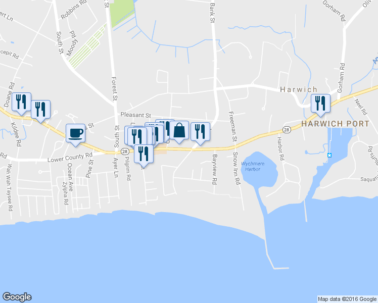 map of restaurants, bars, coffee shops, grocery stores, and more near 585 Highway 28 in Harwich