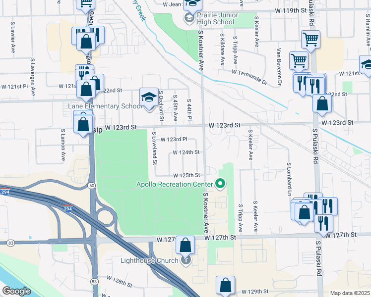 map of restaurants, bars, coffee shops, grocery stores, and more near 12409 South 45th Avenue in Alsip