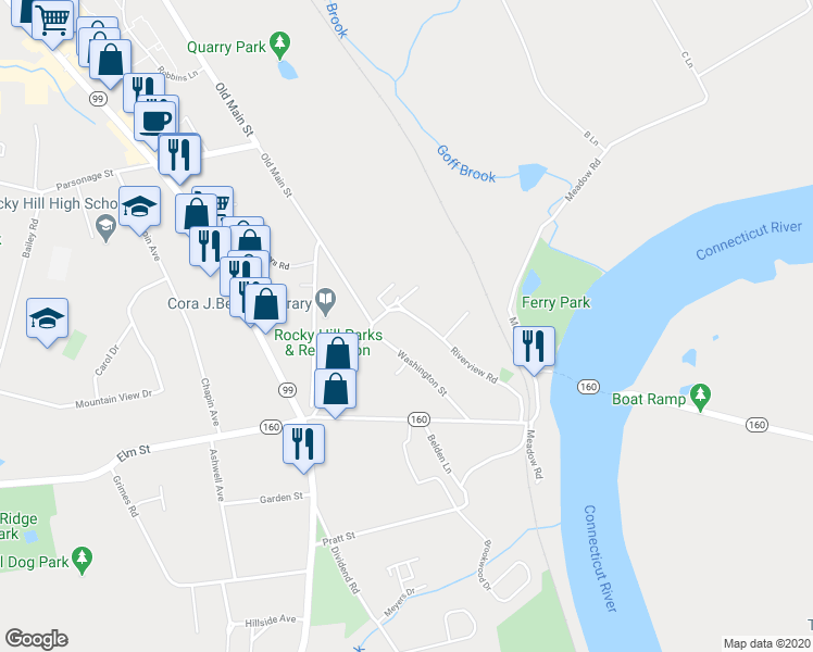 map of restaurants, bars, coffee shops, grocery stores, and more near 20 Riverview Road in Rocky Hill