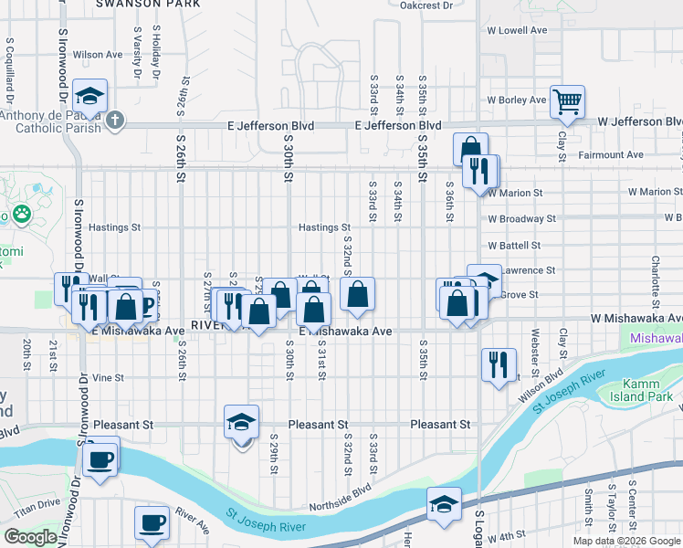 map of restaurants, bars, coffee shops, grocery stores, and more near 818 South 31st Street in South Bend