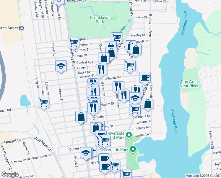 map of restaurants, bars, coffee shops, grocery stores, and more near 115 Nash Road in New Bedford