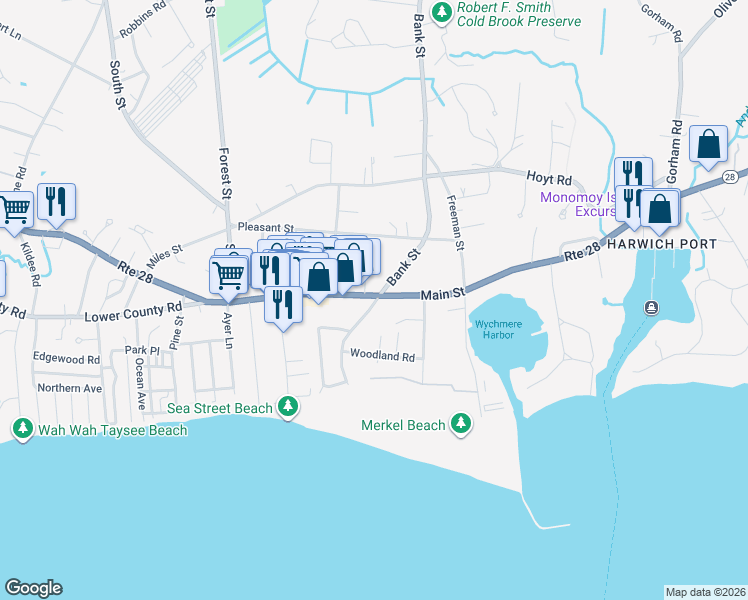 map of restaurants, bars, coffee shops, grocery stores, and more near 585 Massachusetts 28 in Harwich
